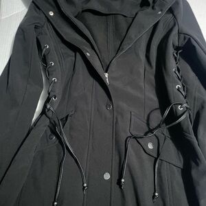 Liz Claiborne Black Trench Coat with Stand-Up Collar and Adjustable Lacing